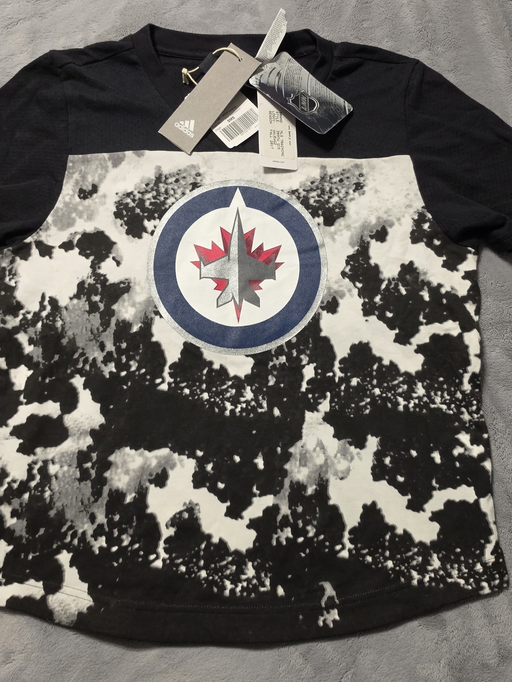 Adidas Kid's Black & White Graphic Tee with Winnipeg Jets Crest